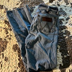 wrangler distressed high rise slim boot cut jean